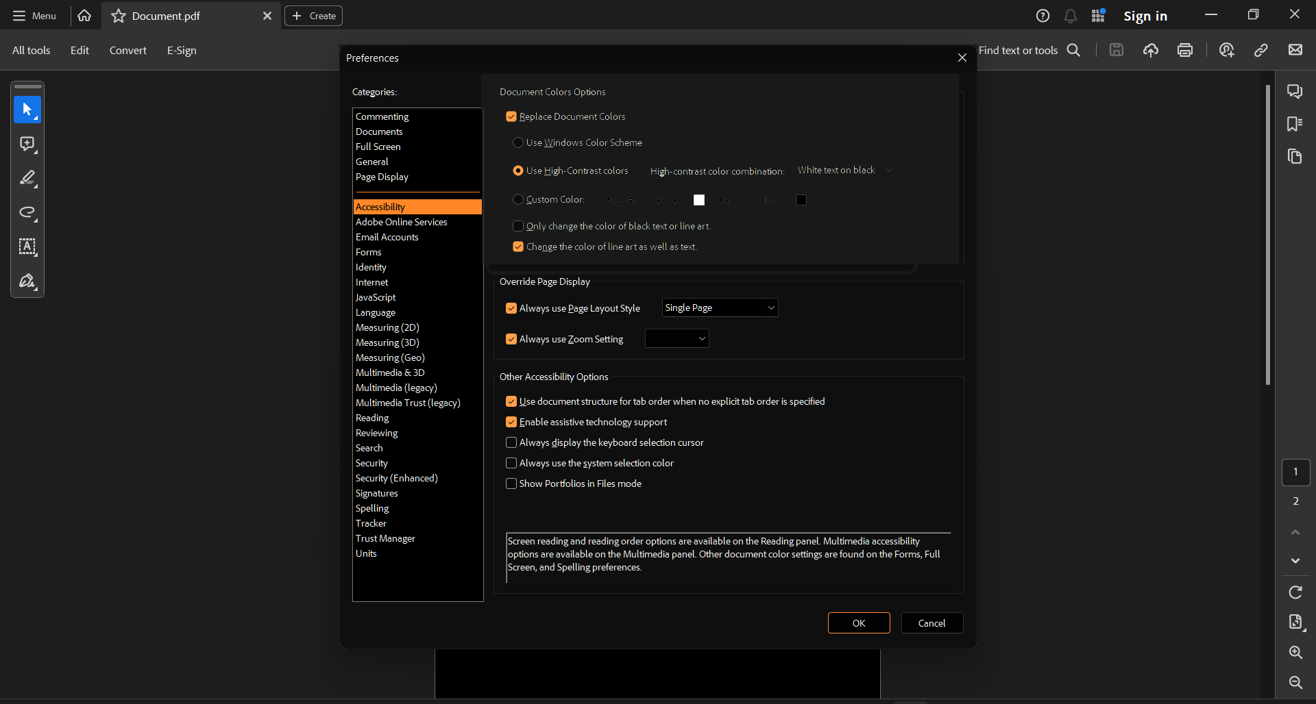 "replace document colours in adobe acrobat reader"