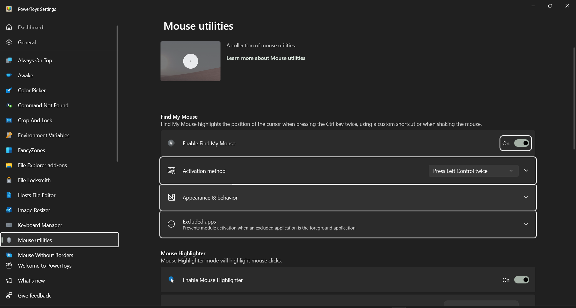 "find my mouse in powertoys"